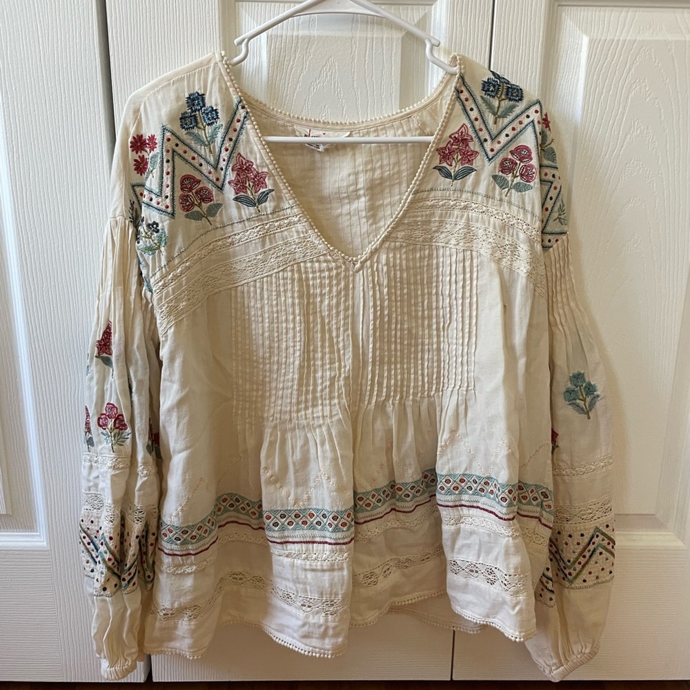 Anthropologie Cream Floral Embroidered Blouse
